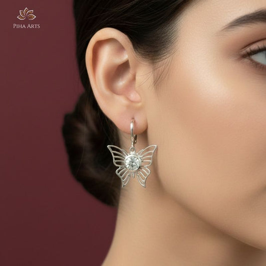 Elegant Silver Butterfly Crystal Drop Earrings