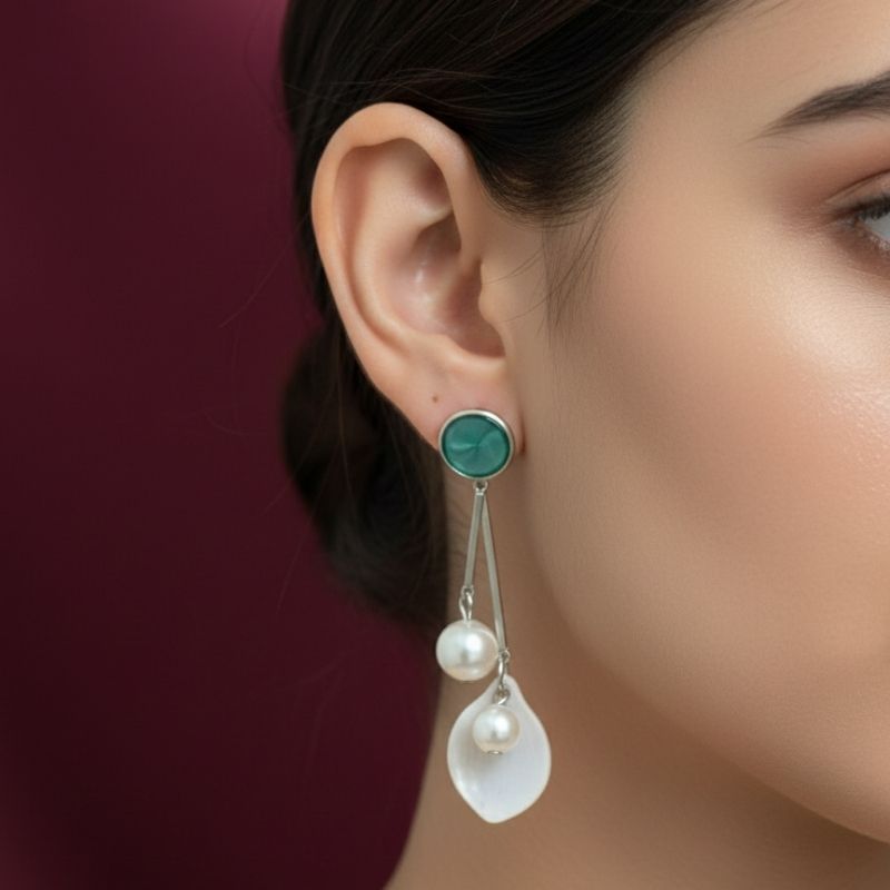 Silver Green Stone and Pearl Petal Long Drop Earrings