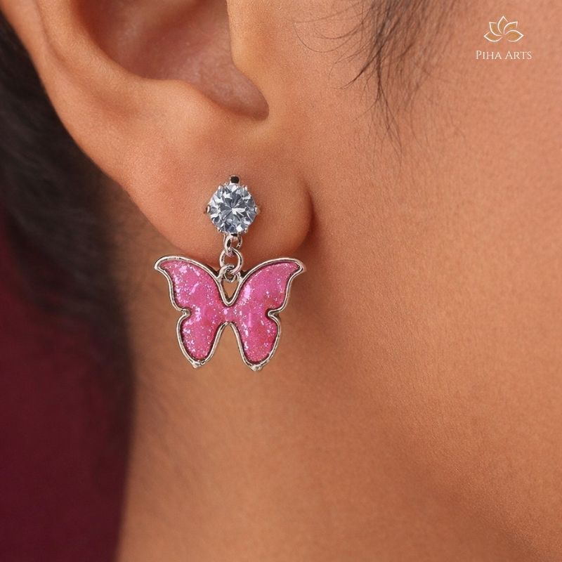 Pink Glitter Butterfly Drop Earrings with Crystal Studs