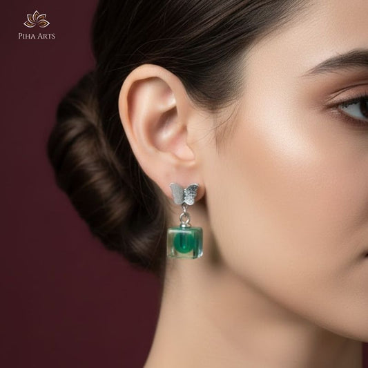 Silver Butterfly Stud with Green Crystal Cube Drop Earrings