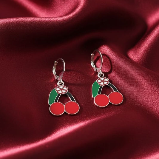 Silver Toned Cherry Drop and Stud Earrings - Set of 3