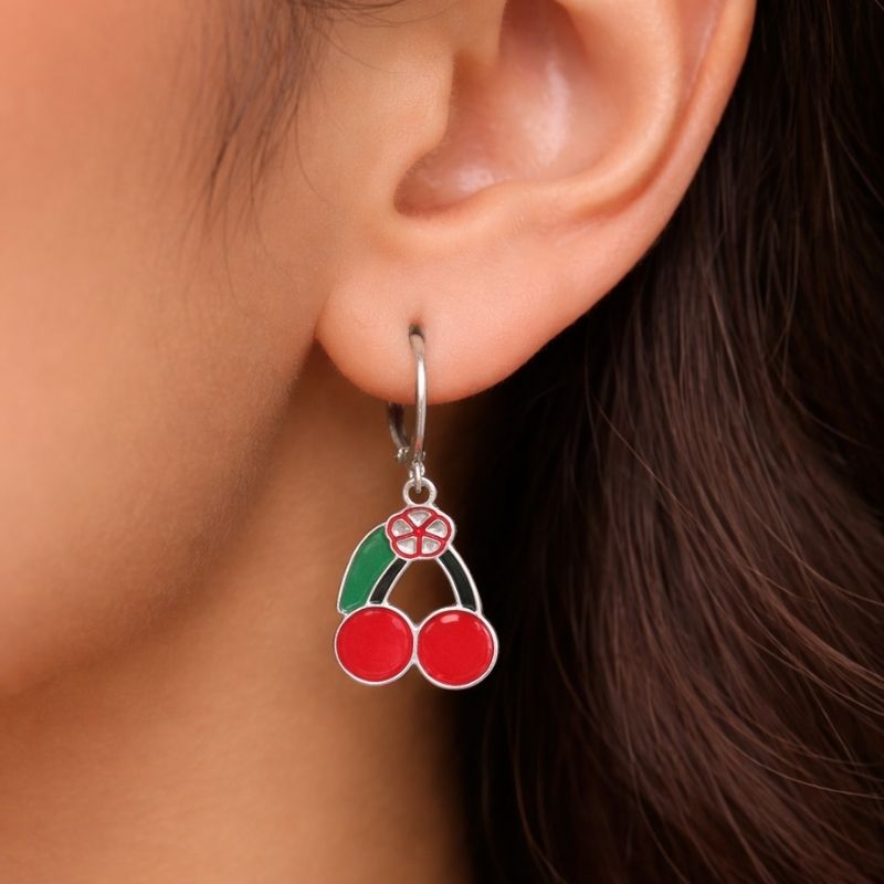 Silver Toned Cherry Drop and Stud Earrings - Set of 3