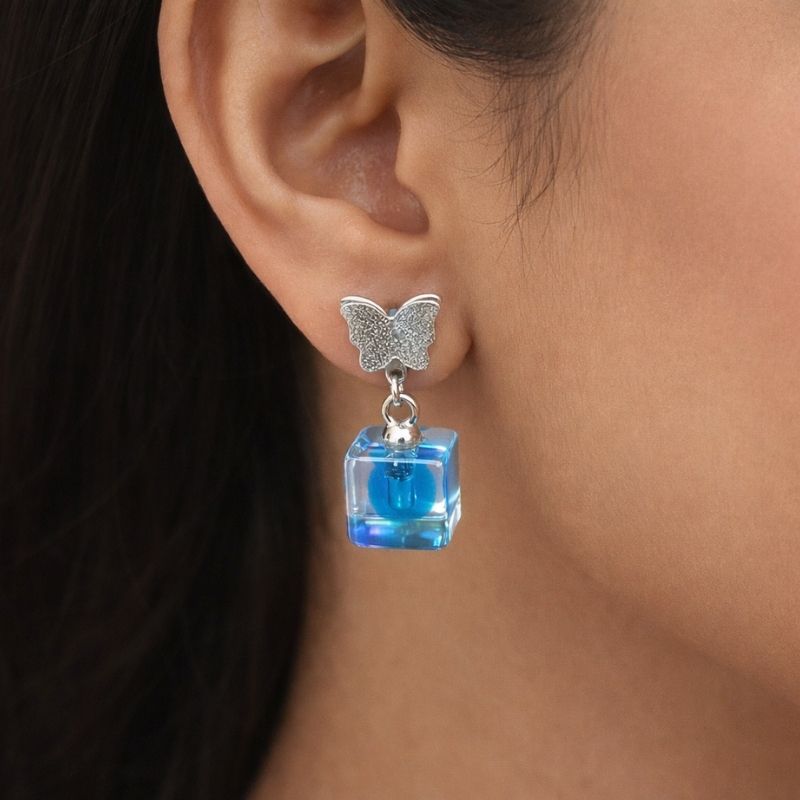 Silver Crystal Butterfly with Blue Glass Cube Drop Earrings