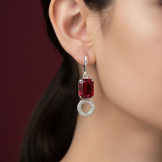 Elegant Ruby Red Emerald-Cut Crystal Drop Earrings in Silver