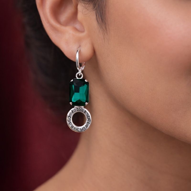 Silver Toned Green Teardrop Crystal Hoop Drop Earrings