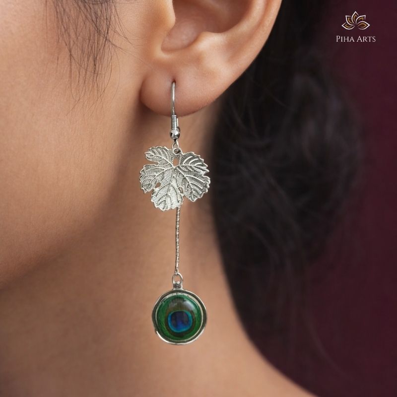 Silver Leaf Drop Earrings with Vibrant Peacock Feather Charms