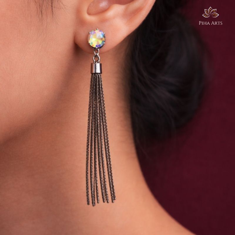 Long Gunmetal Tassel Earrings with Iridescent AB Crystal Studs