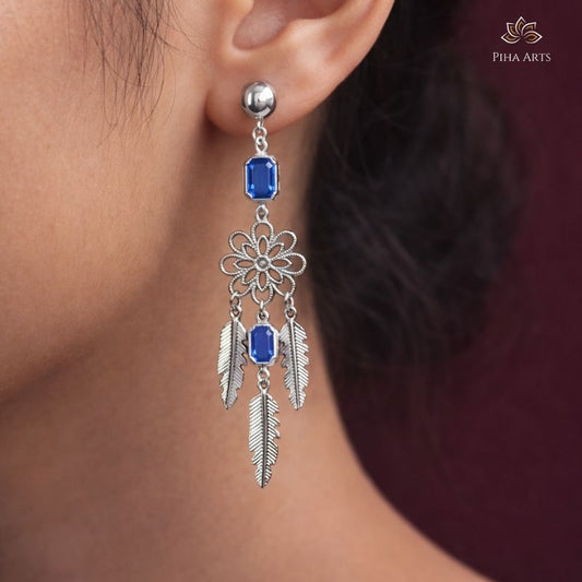 Silver Dreamcatcher Style Drop Earrings with Blue Stones