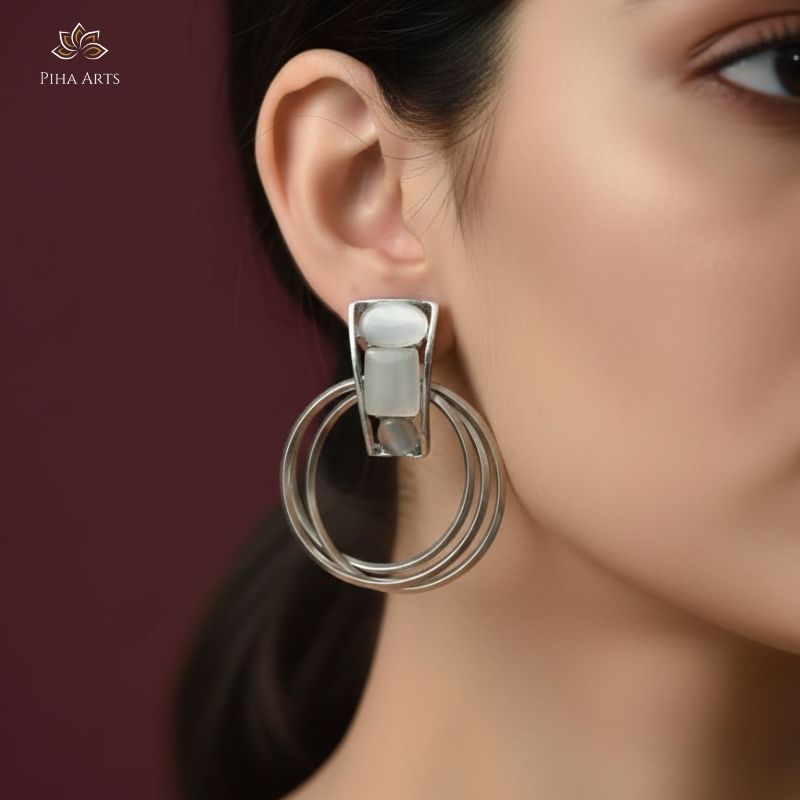 Geometric Circular Drop Earrings with White Stones