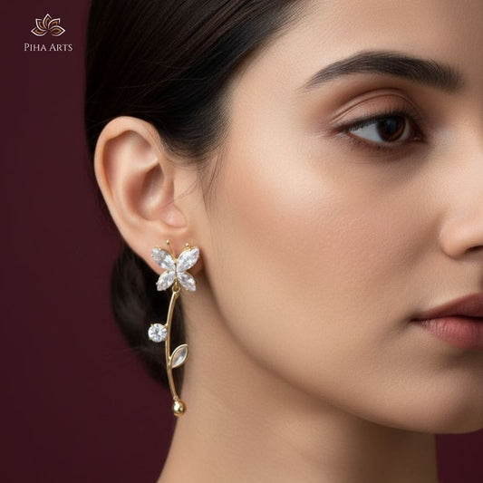 Gold Butterfly and Floral Stem Drop Earrings