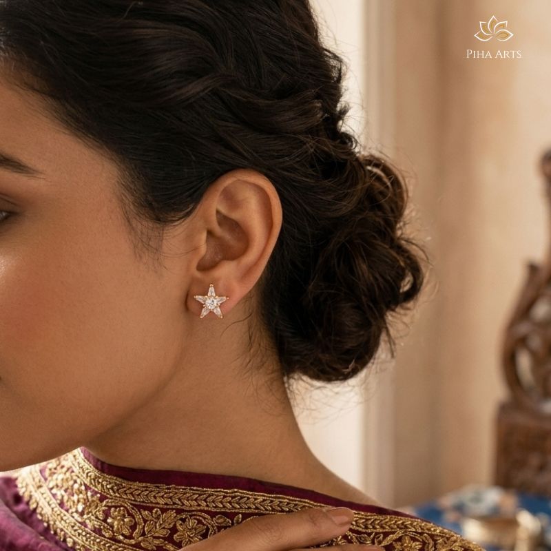 AD Diamond Star Stud Earrings in Gold Finish for Women