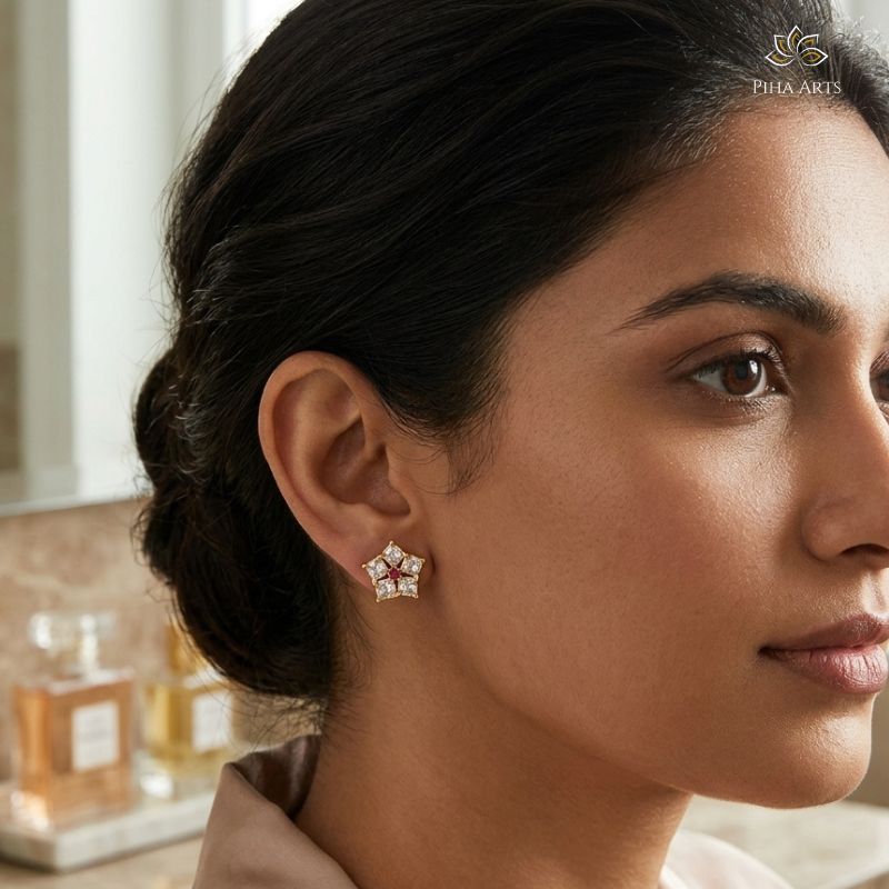 5 AD Stone Flower Stud Earrings in Gold Finish for Women