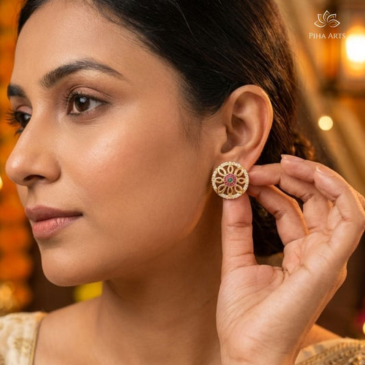 Round Shape AD Diamond Stud Earrings for Women in Gold Finish