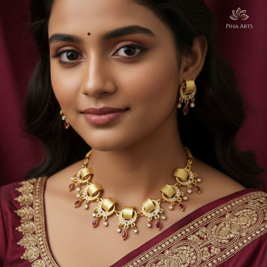 Gold Finish Kundan Necklace Set with Matching Earrings