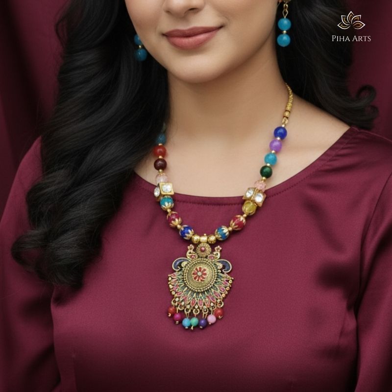 Multicolor Beaded Necklace Set with Antique Gold Pendant & Earrings