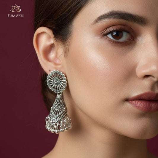 Oxidised Silver Floral Jhumka Earrings with Ghungroo