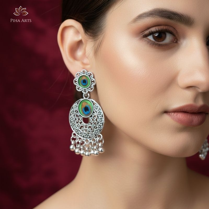 Oxidised Silver Peacock Feather Circular Dangler Earrings