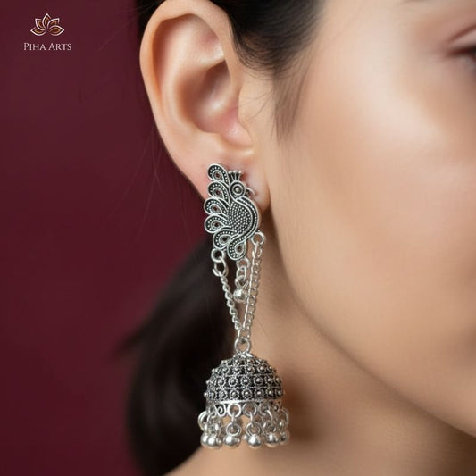 Oxidised Silver Peacock Chain Jhumka Earrings