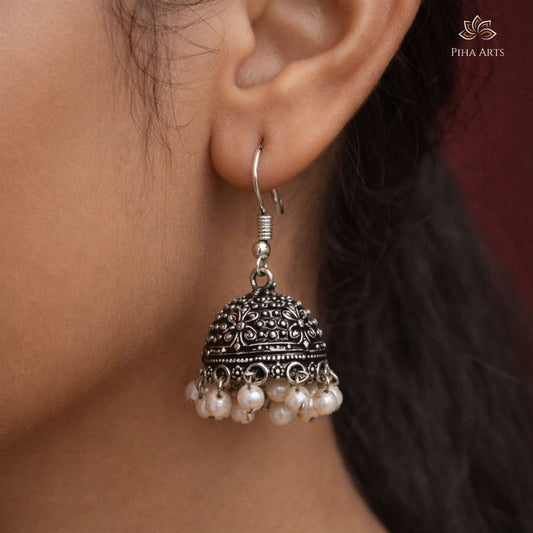 Oxidised Silver Pearl Jhumka Earrings with Hook