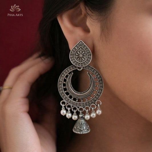 Oxidised Silver Chandbali Earrings with Pearl Jhumka