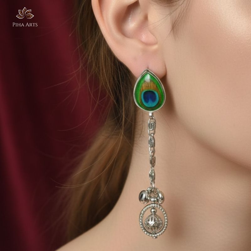 Peacock Feather Long Chain Oxidized Silver Drop Earrings