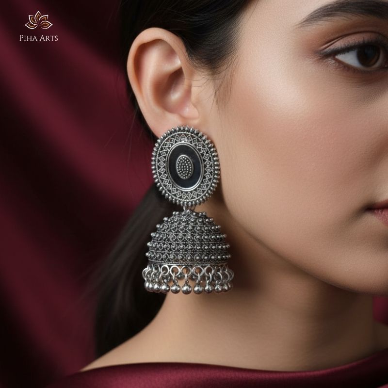 Circular Mirror Work Oxidized Silver Jhumka Earrings