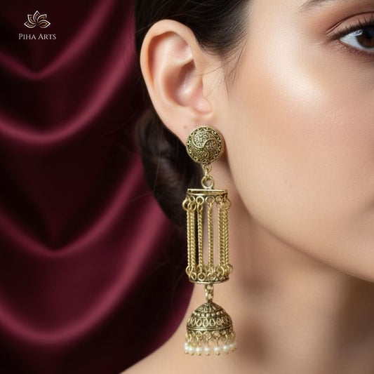 Antique Gold Tone Cylindrical Cage Drop Jhumka Earrings