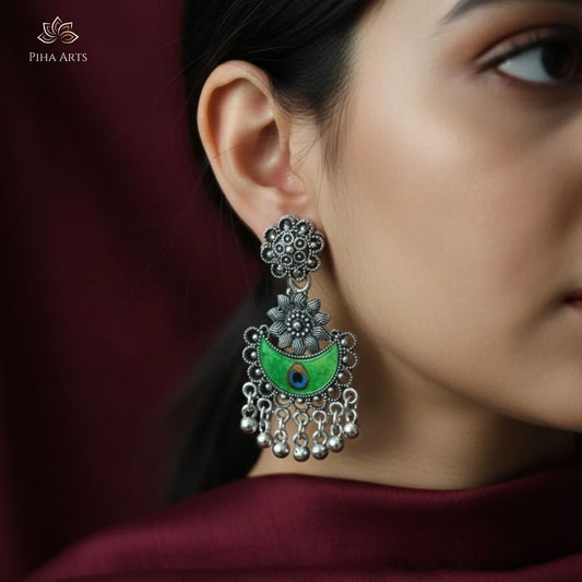 Green Meenakari Peacock Eye Oxidized Silver Chandbali Earrings