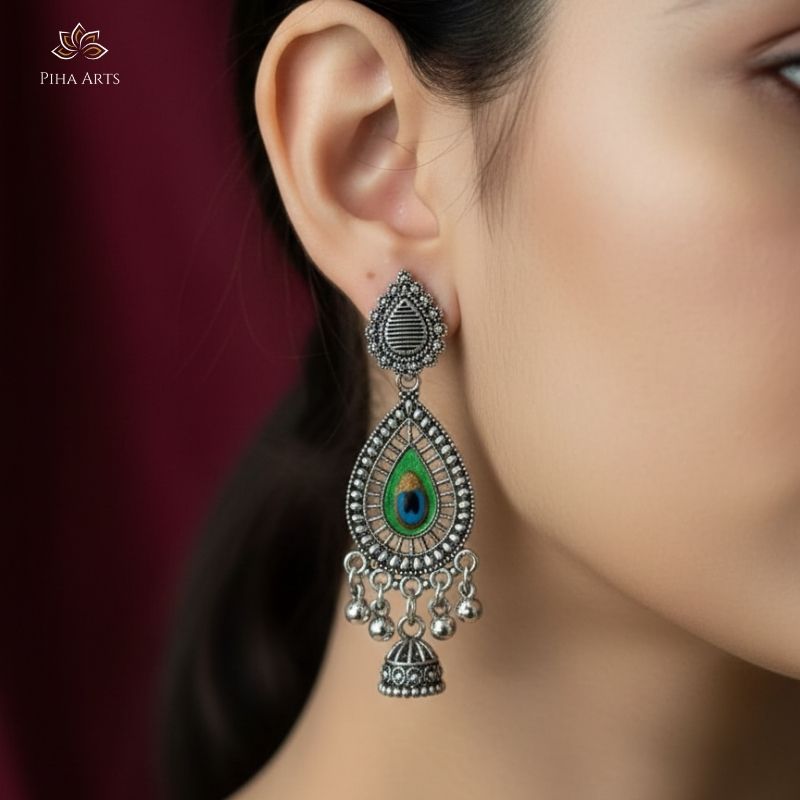Green Meenakari Peacock Motif Teardrop Oxidized Earrings