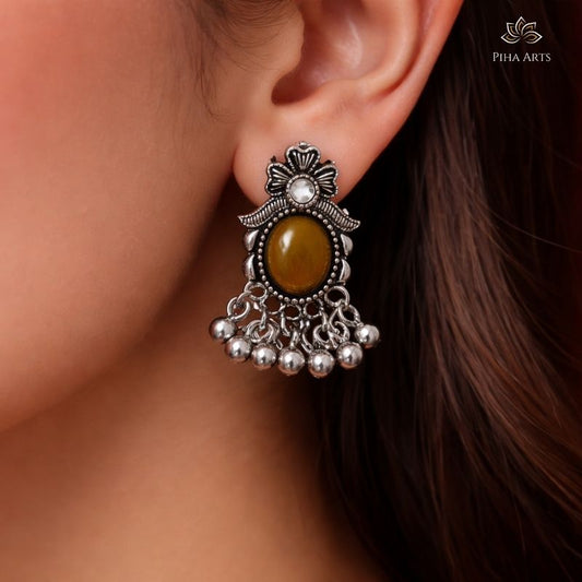 Yellow Stone Studded Floral Oxidized Silver Drop Earrings