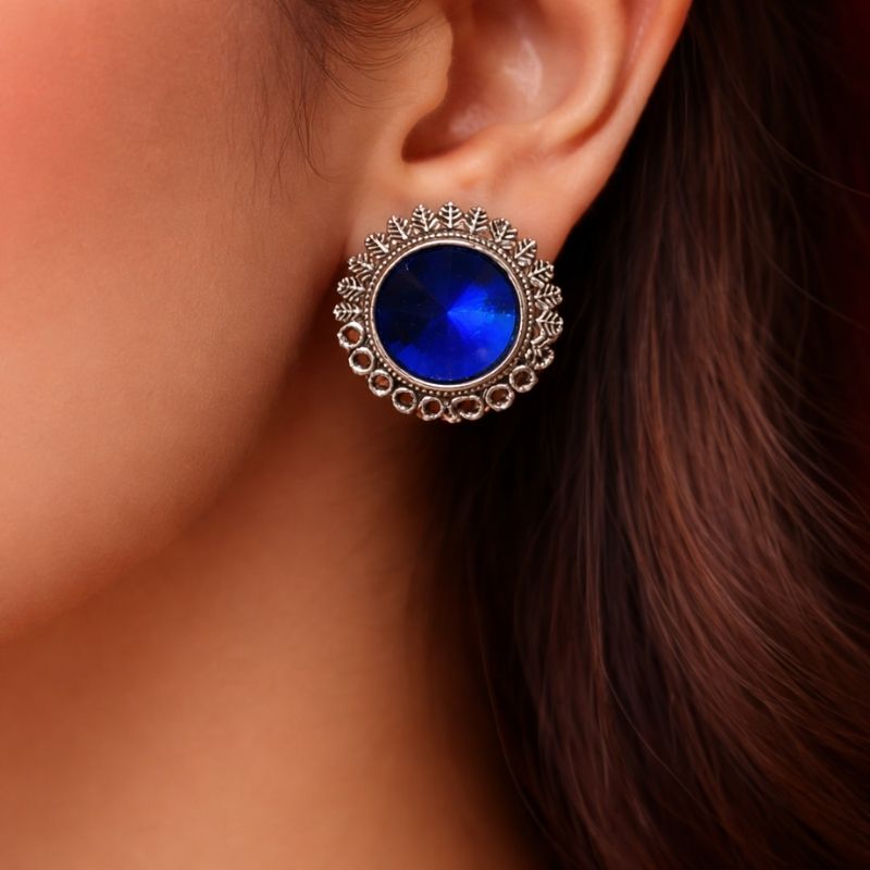 Royal Blue Crystal Studded Oxidized Silver Round Earrings