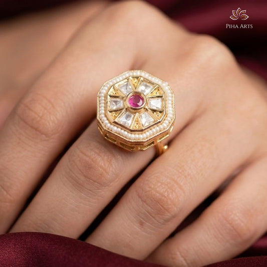 Heavy Kundan Moti Border Statement Ring for Women