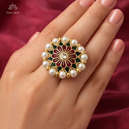 Light Meenakari Moti Floral Ring for Women