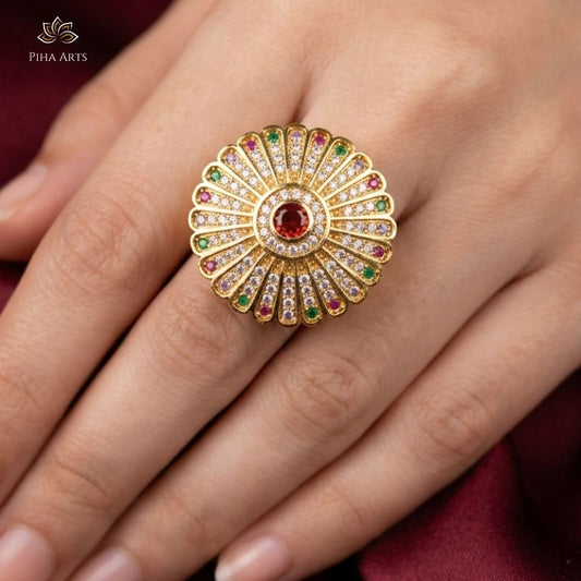 Gold AD Diamond Multicolor Floral Ring