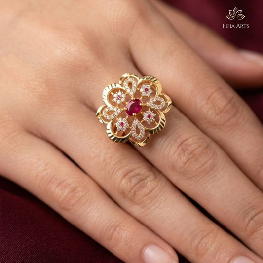 Gold AD Diamond Ruby Floral Statement Ring
