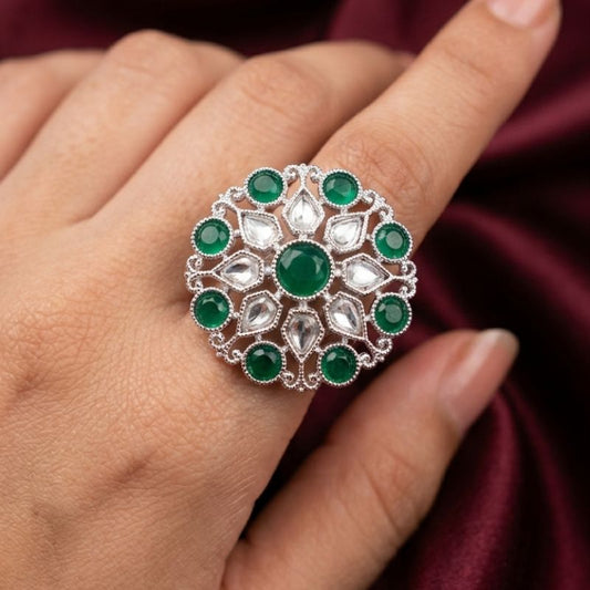 Silver Diamond Green Stone Statement Ring for Women