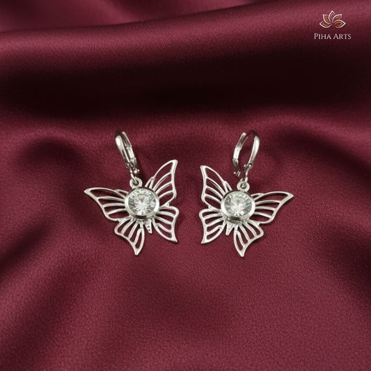 Elegant Silver Butterfly Crystal Drop Earrings