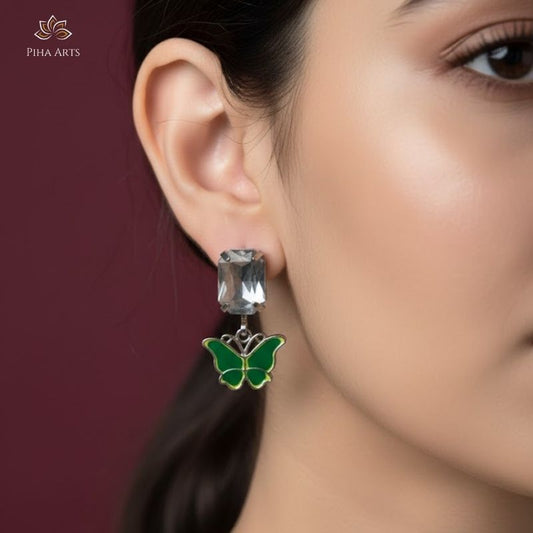 Vibrant Green Butterfly Crystal Stud Earrings