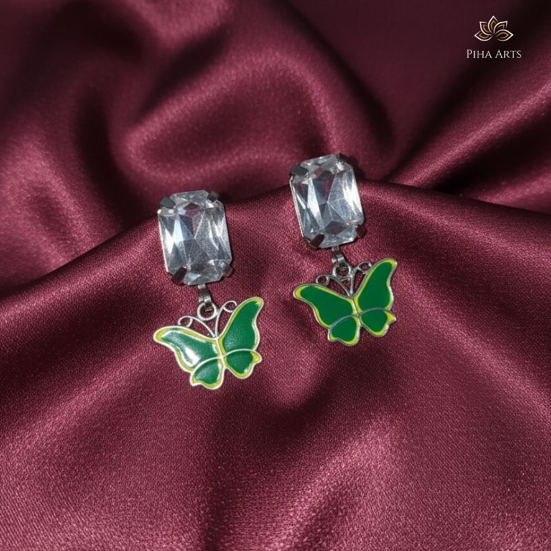 Vibrant Green Butterfly Crystal Stud Earrings