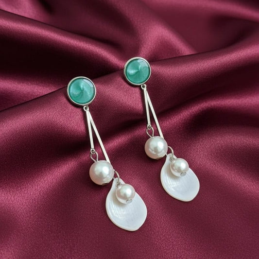 Elegant Green Stone and Pearl Shell Petal Earrings