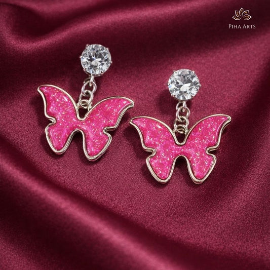 Pink Glitter Butterfly Drop Earrings with Crystal Studs