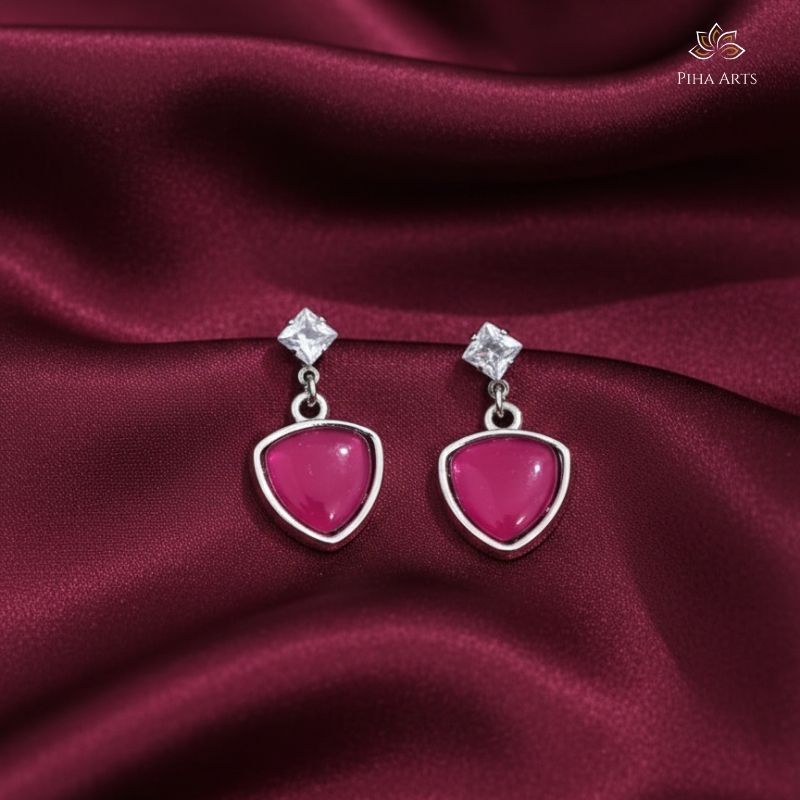 Pink Triangular Stone Drop Earrings in Silver Finish