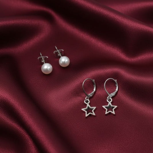 Silver Toned Pearl Studs and Star Drop Earring Set (Combo of 2)