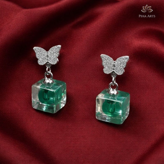 Silver Butterfly Stud with Green Crystal Cube Drop Earrings
