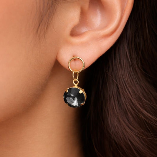 Gold Toned Small Hoop Earrings with Black Crystal Drops