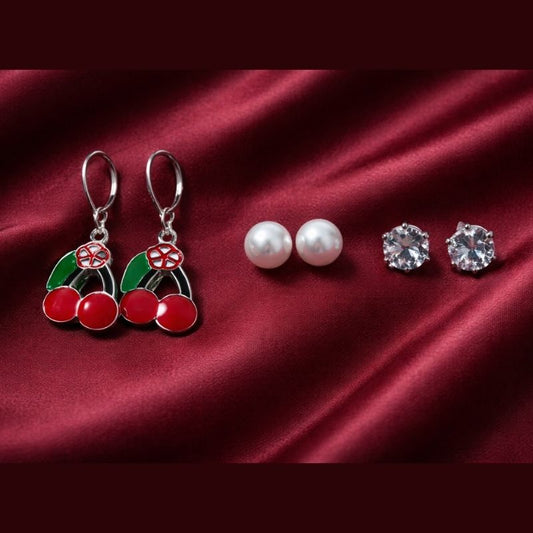 Silver Toned Cherry Drop and Stud Earrings - Set of 3