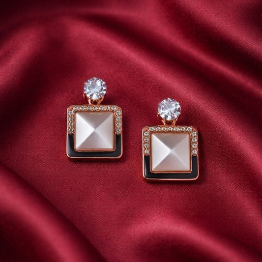 Rose Gold Geometric Square, Pearl, and Crystal Earring Combo (Pack of 3)