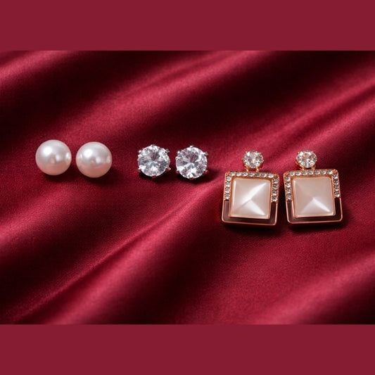 Rose Gold Geometric Square, Pearl, and Crystal Earring Combo (Pack of 3)