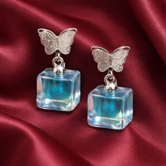 Silver Crystal Butterfly with Blue Glass Cube Drop Earrings