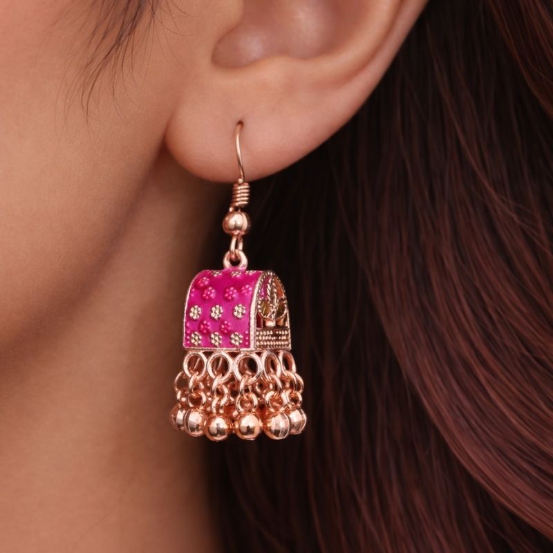 Pink Enamel Floral Dome Jhumka Earrings with Gold Accents